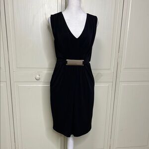 Thalia Sodi Black Sheath Knee Length Dress with Belt Accent Women's Size S